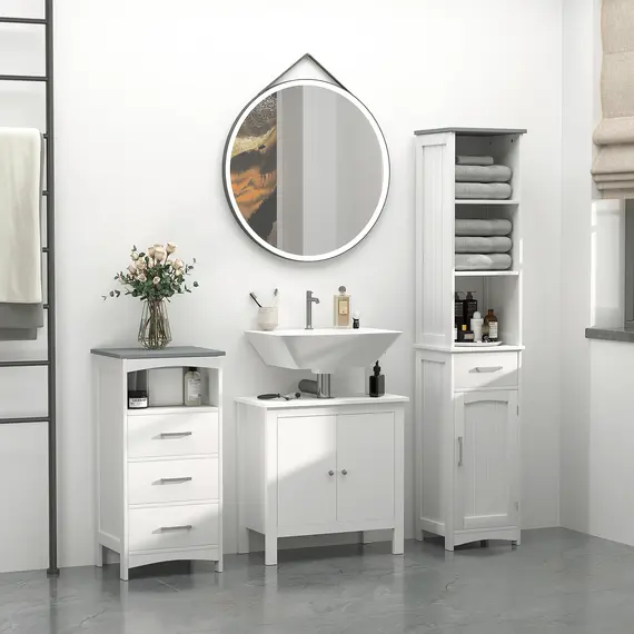 Buy Tall Bathroom Storage Cabinet with 3 Tier Shelf, Cupboard, Drawer, Door, Freestanding Linen Tower, Slim Side Organizer, White, 9 image