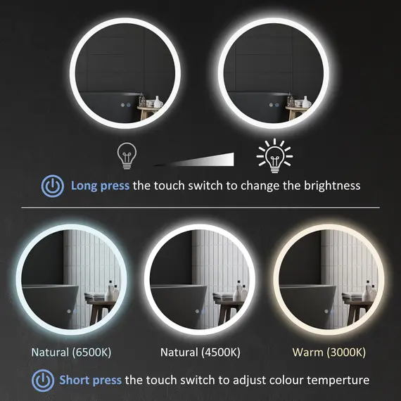 Buy Round Bathroom Mirror with LED Lights, Wall-Mounted Dimmable Makeup Mirror with 3 Temperature Colours, Defogging Film, Memory Function, Hardwired, 60 x 60 cm, 5 image