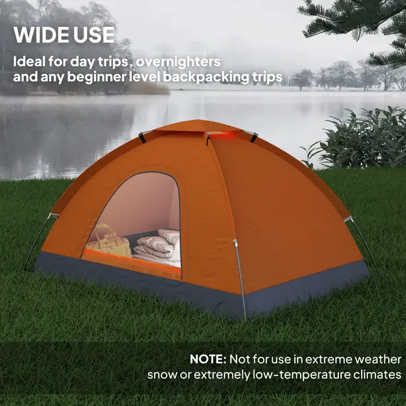 Buy 2 Person Camping Tent, Dome Tent with Zipped Doors, Storage Pocket, Portable Handy Bag, Orange, 7 image