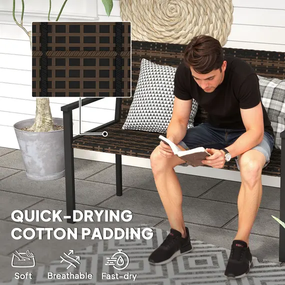 Buy 2 Seater Rattan Garden Bench, Outdoor Bench with Quick-Drying Cotton Padding, Wicker Garden Loveseat with Armrests, Steel Frame for Patio, Park, Mixed Brown, 6 image