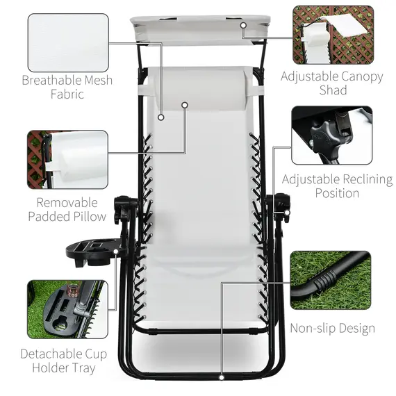 Buy 2 Piece Foldable Reclining Garden Chair with Headrest, Zero Gravity Deck Sun Lounger Seat Chair with Footrest, Armrest, Cup Holder & Canopy Shade, White, 5 image