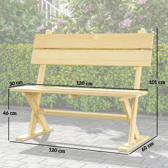 Buy 2 Seater Wooden Garden Bench, Fir Wood Outdoor Bench, Garden Loveseat with Slatted Seat, Sloping Back and Wide Feet for Patio, Park, Natural Wood Finish, 3 image