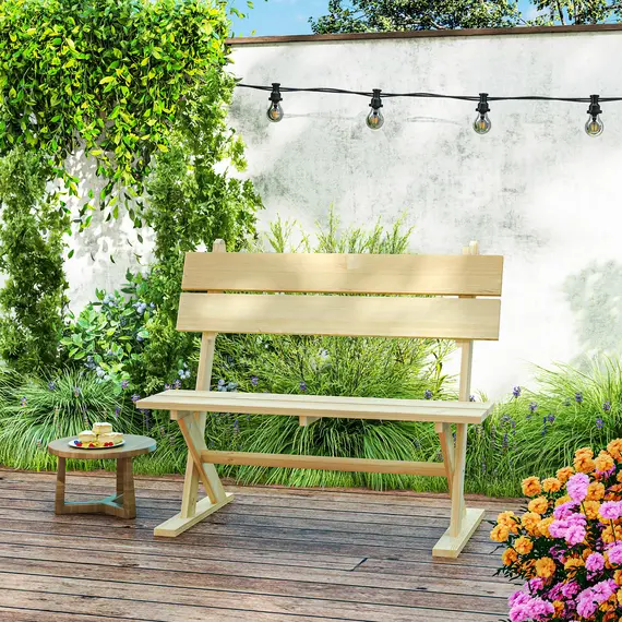 Buy 2 Seater Wooden Garden Bench, Fir Wood Outdoor Bench, Garden Loveseat with Slatted Seat, Sloping Back and Wide Feet for Patio, Park, Natural Wood Finish, 2 image