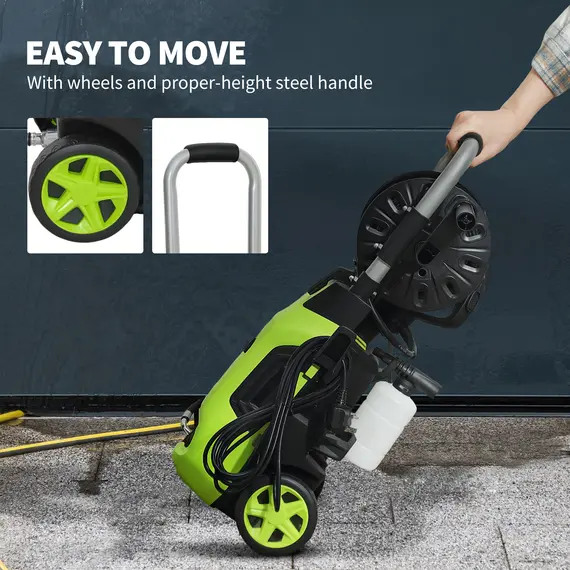 Buy 1800W High Pressure Washer, 150 Bar Pressure, 420 L/h Flow, Portable Power Washer Jet Wash Cleaner with Adjustable Nozzle, 6M Hose, Hose Reel, Steel Handle for Home Patio Car Driveway, Green, 8 image