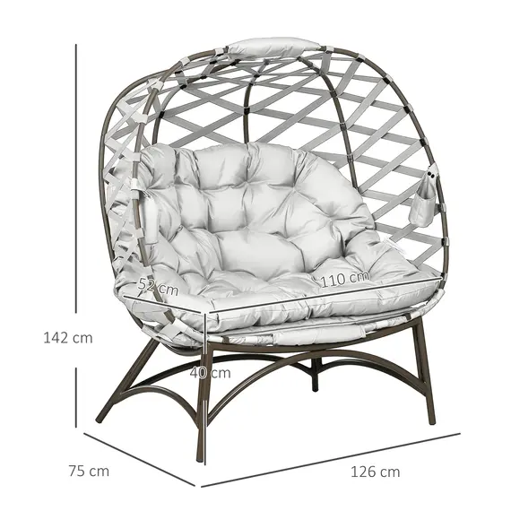 Buy 2 Seater Egg Chair Outdoor, Folding Weave Garden Furniture Chair with Cushion, Cup Pockets - Light Grey, 3 image