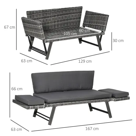 Buy 2 Seater Rattan Sofa with Cushions, 2-in-1 PE Rattan Daybed Sofa with Left Up or Down Armrests, Garden Chaise Lounger Loveseat for Outdoor, Patio, Mixed Grey, 3 image