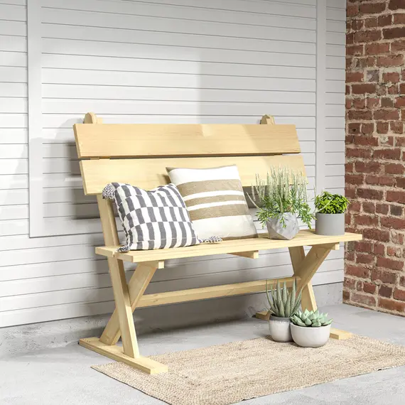 Buy 2 Seater Wooden Garden Bench, Fir Wood Outdoor Bench, Garden Loveseat with Slatted Seat, Sloping Back and Wide Feet for Patio, Park, Natural Wood Finish, 7 image