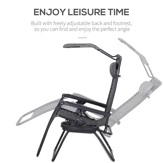 Buy 2 Piece Foldable Reclining Garden Chair with Headrest, Zero Gravity Deck Sun Lounger Seat Chair with Footrest, Armrest, Cup Holder & Canopy Shade, Grey, 7 image