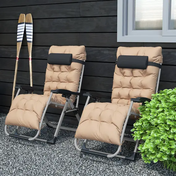 Buy 2 Piece Reclining Zero Gravity Sun Loungers with Cushions, Khaki, 8 image