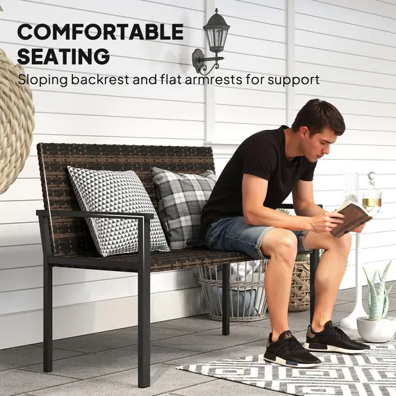 Buy 2 Seater Rattan Garden Bench, Outdoor Bench with Quick-Drying Cotton Padding, Wicker Garden Loveseat with Armrests, Steel Frame for Patio, Park, Mixed Brown, 7 image