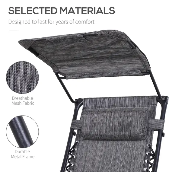 Buy 2 Piece Foldable Reclining Garden Chair with Headrest, Zero Gravity Deck Sun Lounger Seat Chair with Footrest, Armrest, Cup Holder & Canopy Shade, Grey, 5 image