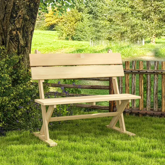 Buy 2 Seater Wooden Garden Bench, Fir Wood Outdoor Bench, Garden Loveseat with Slatted Seat, Sloping Back and Wide Feet for Patio, Park, Natural Wood Finish, 9 image