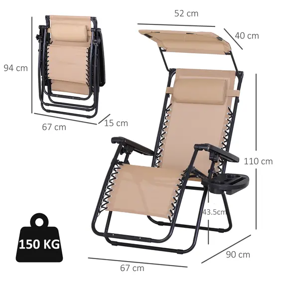 Buy 2 Piece Foldable Reclining Garden Chair with Headrest, Zero Gravity Deck Sun Lounger Seat Chair with Footrest, Armrest, Cup Holder & Canopy Shade, Beige, 3 image