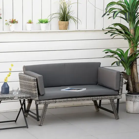 Buy 2 Seater Rattan Sofa with Cushions, 2-in-1 PE Rattan Daybed Sofa with Left Up or Down Armrests, Garden Chaise Lounger Loveseat for Outdoor, Patio, Mixed Grey, 2 image