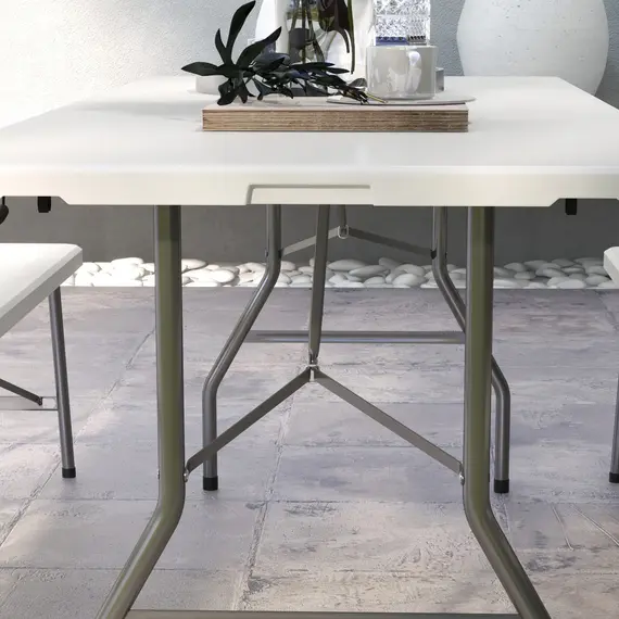 Buy 180 x 75cm Folding Garden Table, Outdoor HDPE Picnic Table for 6, Rectangular Patio Table with Metal Frame, White, 9 image