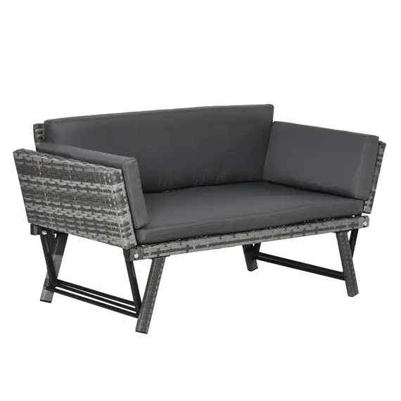 Buy 2 Seater Rattan Sofa with Cushions, 2-in-1 PE Rattan Daybed Sofa with Left Up or Down Armrests, Garden Chaise Lounger Loveseat for Outdoor, Patio, Mixed Grey