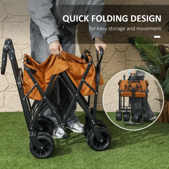 Buy 120L Festival Trolley on Wheels, Folding Camping Trolley Cart with Removable Canopy, All-Terrain Wheels, Adjustable Handle and Side Pockets for Garden Beach Fishing Shopping, Orange, 4 image