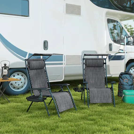 Buy 2 Piece Foldable Reclining Garden Chair with Headrest, Zero Gravity Deck Sun Lounger Seat Chair with Footrest, Armrest, Cup Holder & Canopy Shade, Grey, 2 image