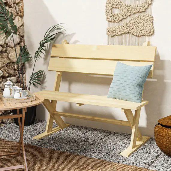Buy 2 Seater Wooden Garden Bench, Fir Wood Outdoor Bench, Garden Loveseat with Slatted Seat, Sloping Back and Wide Feet for Patio, Park, Natural Wood Finish, 8 image