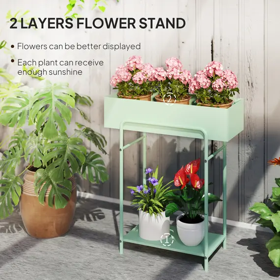 Buy 2 Tier Plant Stand, Metal Plant Rack Shelf with Drain Holes, Floor-standing Flower Pot Stand for Indoor Outdoor Garden Patio Balcony Living Room, Green, 4 image
