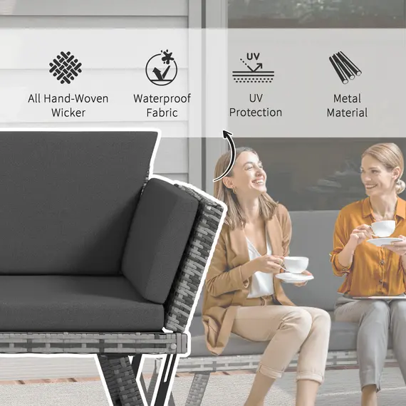 Buy 2 Seater Rattan Sofa with Cushions, 2-in-1 PE Rattan Daybed Sofa with Left Up or Down Armrests, Garden Chaise Lounger Loveseat for Outdoor, Patio, Mixed Grey, 5 image