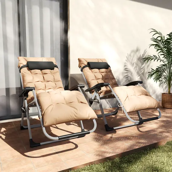 Buy 2 Piece Reclining Zero Gravity Sun Loungers with Cushions, Khaki, 9 image
