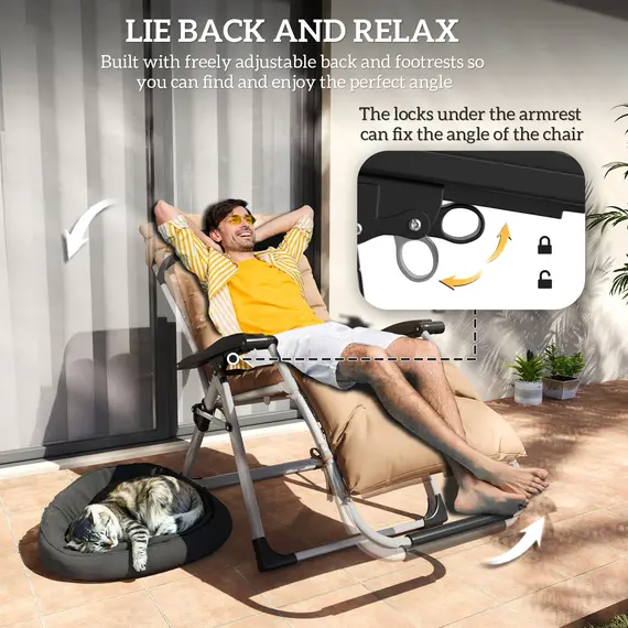 Buy 2 Piece Reclining Zero Gravity Sun Loungers with Cushions, Khaki, 4 image