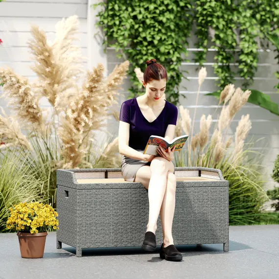 Buy 130 L Rattan Garden Storage Box, with Seat - Grey, 7 image