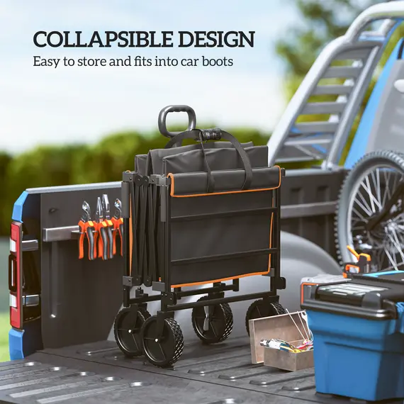 Buy 160L Festival Trolley on Wheels, Folding Camping Trolley Cart w/ Tailgate, 100kg Heavy Duty Garden Collapsible Folding Wagon w/Adjustable Handle, Carry Bag for Beach Picnic, Black and Orange, 5 image