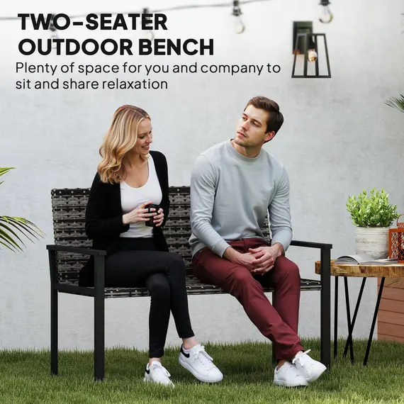 Buy 2 Seater Rattan Garden Bench, Outdoor Bench with Quick-Drying Cotton Padding, Wicker Garden Loveseat with Armrests, Steel Frame for Patio, Park, Mixed Grey, 4 image