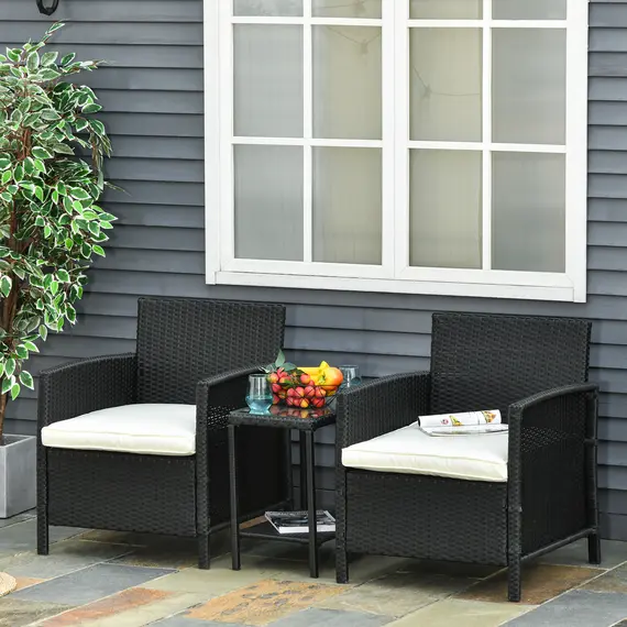 Buy 2-Seater PE Rattan Side Table & Armchair Bistro Set Jack and Jill Seat w/ Pillows Black, 2 image