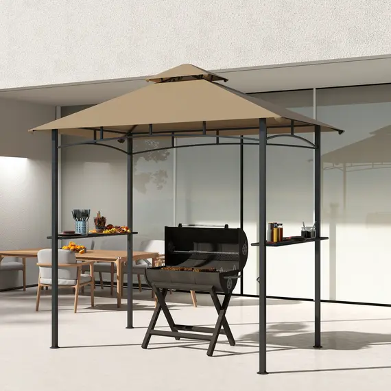 Buy 2.5M (8ft) Grill Gazebo Canopy, Double Tiered Outdoor BBQ Gazebo Shelter with 2 Side Shelves for Garden, Patio, Barbecue, Picnic, Khaki, 8 image