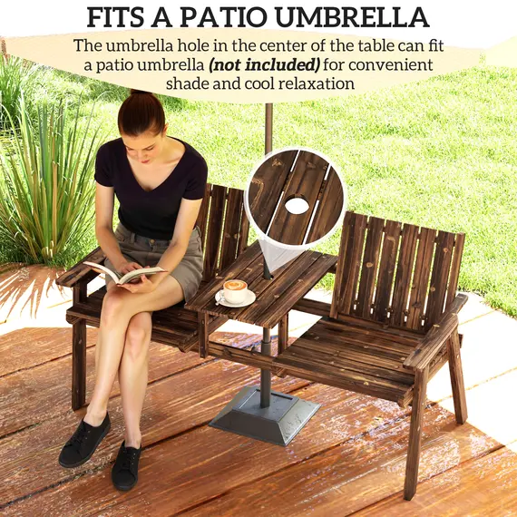 Buy 2-Seater Garden Bench with Table & Parasol Hole, Antique Loveseat for Porch, Patio, Carbonised Finish, 5 image