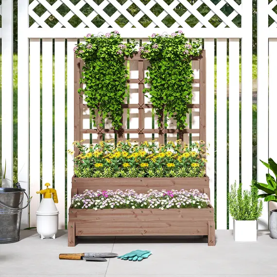 Buy 2-Tier Raised Garden Bed with Trellis, Wooden Elevated Planter Box with Drainage Holes, Outdoor Raised Planter for Climbing Plants, Fruits, Vegetables, Flowers, Brown, 8 image