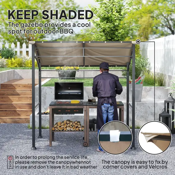 Buy 2.2 x 1.5 m BBQ Grill Gazebo Tent, Garden Grill with Metal Frame, Curved Canopy and 10 Hooks, Outdoor Sun Shade, Khaki, 4 image