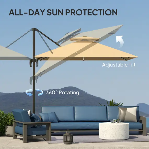 Buy 2.5m Cantilever Parasol with Solar Powered LED Lights, 360° Rotation, Tilt Adjustment, Crank Handle, Khaki, 4 image