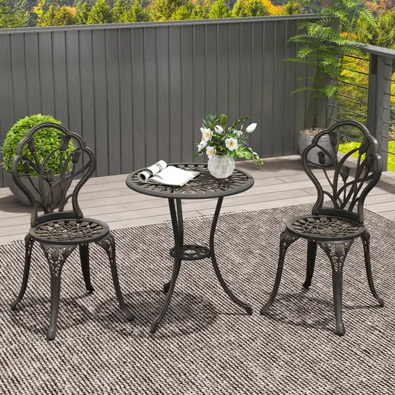 Buy 3 Piece Patio Bistro Set for 2, Outdoor Aluminium Garden Table and Chairs with Umbrella Hole for Balcony, Bronze Tone, 2 image