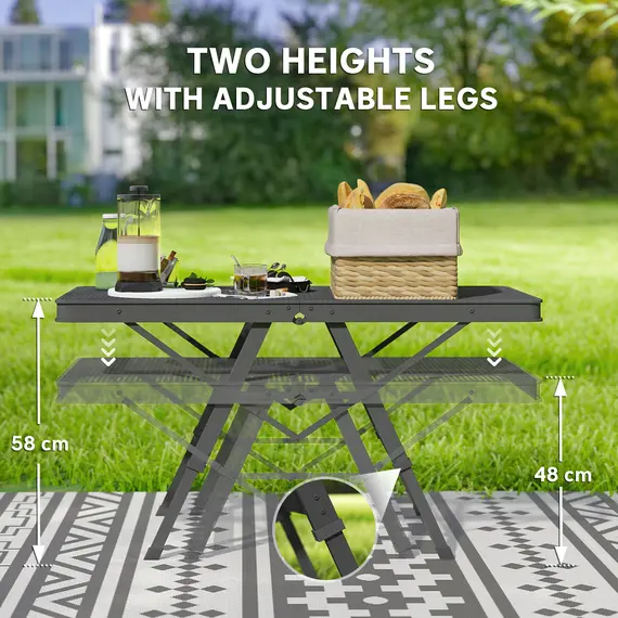 Buy 3 ft Folding Camping Table w/ Adjustable Heights, Outdoor Folding Picnic Table with Metal Mesh Desktop & Aluminium Legs, Portable Lightweight BBQ Table for Picnic, Garden, Party, Black, 5 image