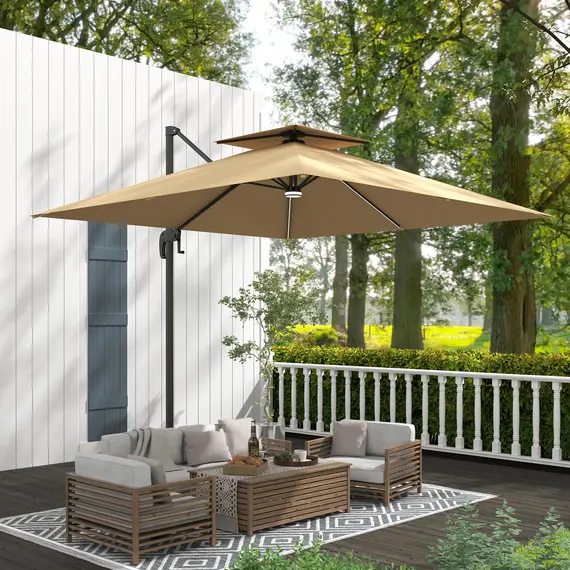 Buy 2.5m Cantilever Parasol with Solar Powered LED Lights, 360° Rotation, Tilt Adjustment, Crank Handle, Khaki, 8 image