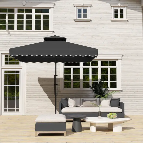 Buy 2.5m Cantilever Parasol with Easy Lever, Square Double Top Garden Parasol Umbrella with Ruffles and Cross Base, Overhanging Outdoor Sun Shades, Black, 7 image