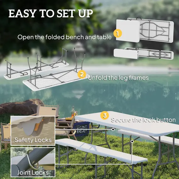 Buy 3 Piece 6ft Folding Picnic Table and Bench Set, Portable HDPE Camping Table and Chairs with Carrying Handles for Indoor Outdoor, Dining, Camping, Picnic, BBQ, Party, White, 6 image