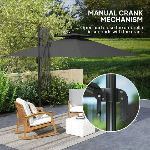 Buy 2.5m Cantilever Parasol with Solar Powered LED Lights, 360° Rotation, Tilt Adjustment, Crank Handle, Dark Grey, 6 image