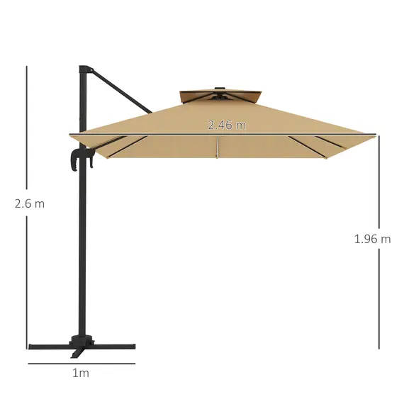 Buy 2.5m Cantilever Parasol with Solar Powered LED Lights, 360° Rotation, Tilt Adjustment, Crank Handle, Khaki, 3 image
