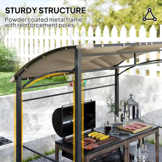 Buy 2.2 x 1.5 m BBQ Grill Gazebo Tent, Garden Grill with Metal Frame, Curved Canopy and 10 Hooks, Outdoor Sun Shade, Khaki, 6 image
