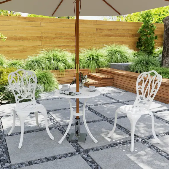 Buy 3 Piece Garden Bistro Set, Cast Aluminium Outdoor Furniture Set with Umbrella Hole for Balcony, Porch, Patio, White, 8 image