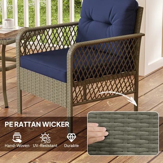 Buy 3 Pieces Rattan Bistro Set with Glass Top Coffee Table, Chairs and Cushions for Outdoor, Patio, Balcony, Charcoal Grey, 5 image