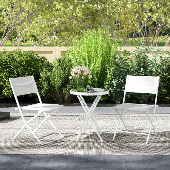 Buy 3 Pieces Outdoor Bistro Set, Glass Top Outdoor Table and 2 Folding Chairs with Protecting Feet, White, 9 image