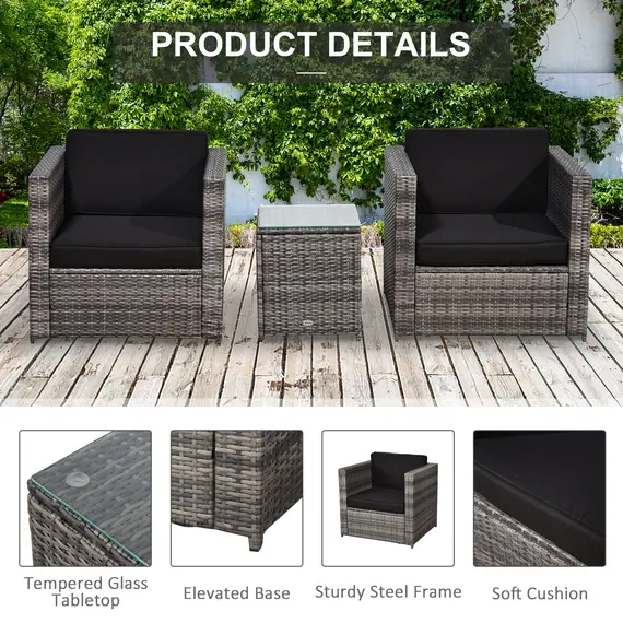 Buy 3 Pieces Rattan Bistro Set, Wicker Garden Furniture Set with Glass Top Coffee Table and Chairs, Thickened Washable Cushions for Outdoor, Patio, Balcony, Grey, 6 image
