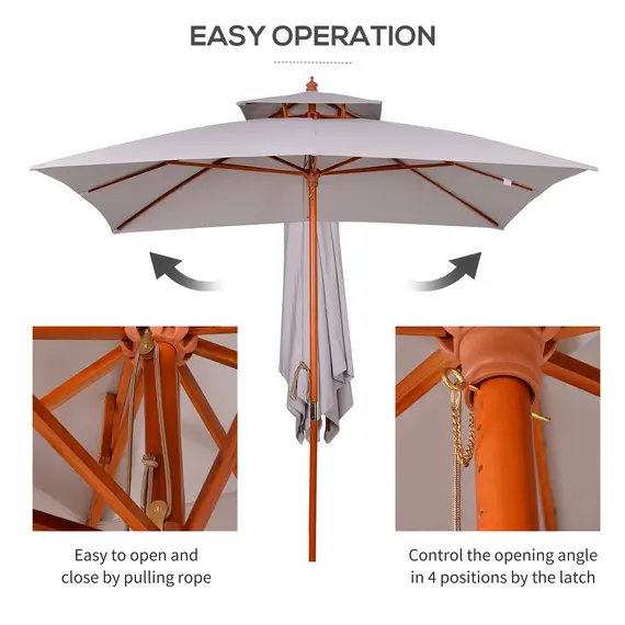 Buy 3 x 3 (m) Garden Parasol Umbrella, Large Square Outdoor Patio Sunshade Canopy with Double Tier, 48 mm Wooden Pole, 8 Ribs for Balcony, Grey, 7 image
