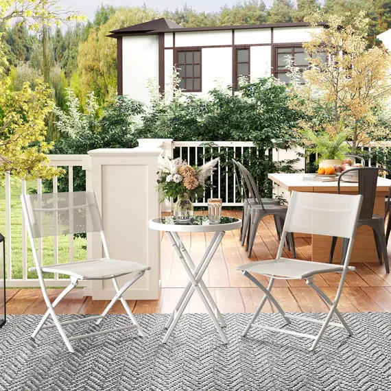 Buy 3 Pieces Outdoor Bistro Set, Glass Top Outdoor Table and 2 Folding Chairs with Protecting Feet, White, 2 image